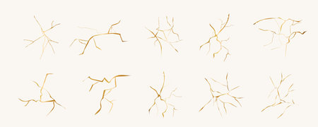 Kintsugi gold simple break lines, asian geaometric crackle. Surface with crack print, effect. Moderm cover golden broken texture.のイラスト素材