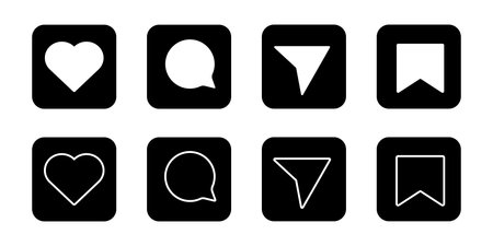 Media Icons interface social media like, chat, send and save symbols. Minimal ig set. Like...