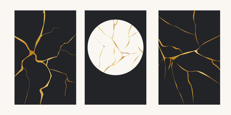 Kintsugi gold simple break lines, asian geaometric crackle. Surface with crack print, effect. Moderm cover golden broken texture.のイラスト素材