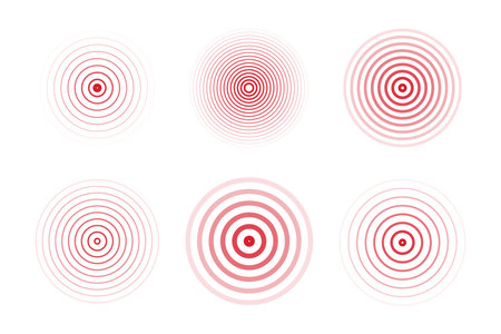 Concentric ripple circles set. Seismic Earthquake alert radar. Radial signal, sonar wave, soundwave rings. touch effect or pulseのイラスト素材