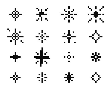 Pixel star retro 8 bit sparkle set. Shiny game pixel art effect set. Firework burst, space decoration. 90s aesthetics, y2kのイラスト素材