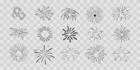 Set fireworks radial doodle line explosion circle sparkler with rays, hand drawn firecrackers simple and round decoration isolated on transprent background.のイラスト素材