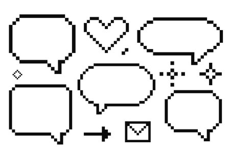 Pixel speech bubble cloud 8 bit y2k digital retro message with stars, arrow, heart. Game talk box, comment.b Text frame, border. 80s, 90s computer games.のイラスト素材