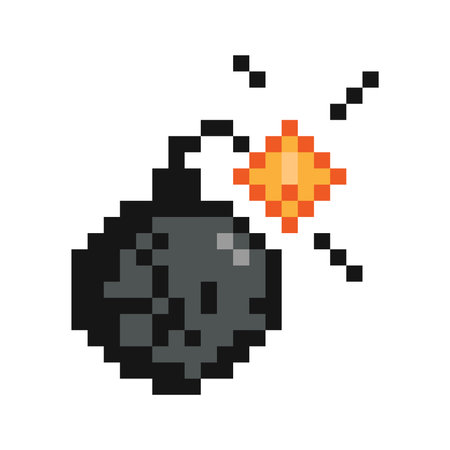 Pixel bomb y2k trendy sticker, design element. Retro game 90 s aesthetics 8 bit. Comic black ball, fire, cartoon.のイラスト素材