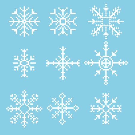 Pixel snowflake winter retro pixilated 8 bit game stamp. Holiday flake ornament. Simple crystal ornament.のイラスト素材
