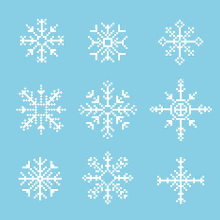 Pixel snowflake winter retro pixilated 8 bit game stamp. Holiday flake ornament. Simple crystal ornament.のイラスト素材