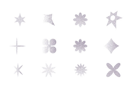 Abstract elements with sand grain texture, y2k retro grunge dotwork gradient. Stars flowers. pointillism holographic blur .のイラスト素材