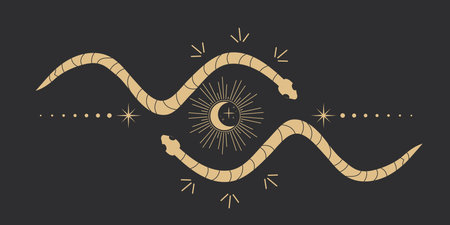Celestial serpent snake circle frame, esoteric tarot or tattoo mystery sacred symbol border. Linocut...