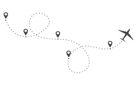 Plane timeine trail dashed line with pin. Infographic destination work process template. Airplane icons, roadmap infographic and travel path routes with locationのイラスト素材