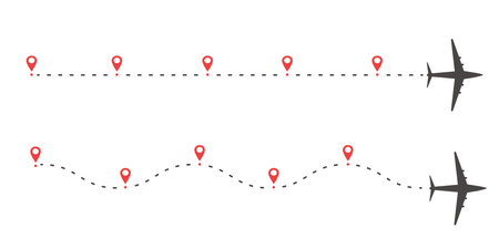 Plane timeine trail dashed line with pin. Infographic destination work process template. Airplane icons, roadmap infographic and travel path routes with locationのイラスト素材