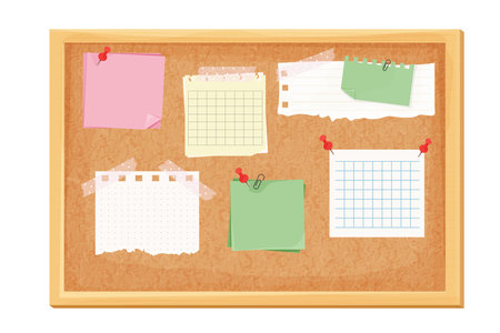 Sticky notes, paper reminder on corkboard with pin, tape. Memo notes, idea or lists sheets. Organizer, wood frame.のイラスト素材