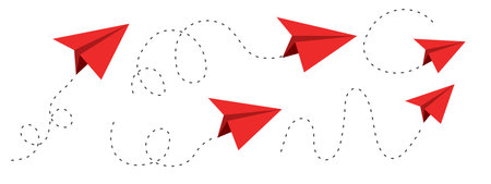 Paper plane red dashed line doodle sketch style drawing. Path way, follow idea. Business or travel design element. Paper aeroplaneのイラスト素材