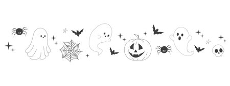 Cute halloween border, line ghost, pumpkin and silhouette bat, spider autumn decoration, Divider frame. Simple greeting.のイラスト素材