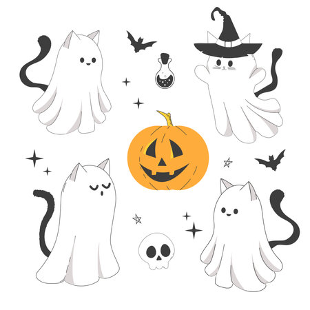 Set Halloween ghost cats with witch hat, cute doodle characters in costumes cute spooky decoration, line. Bat, stars, moon elements. Animal with black tail.のイラスト素材