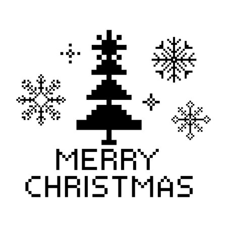 Merry christmas pixel retro text with tree and snowflkes, border decoration. Winter frame. Print, decoration. Greetingのイラスト素材