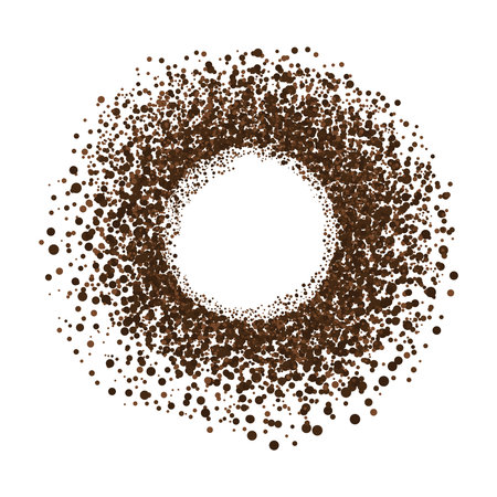 Coffee ground speckles powder, cocoa top view. Grainy bean with particles textured stain. Brown chocolate dust. grains and granules shapeのイラスト素材
