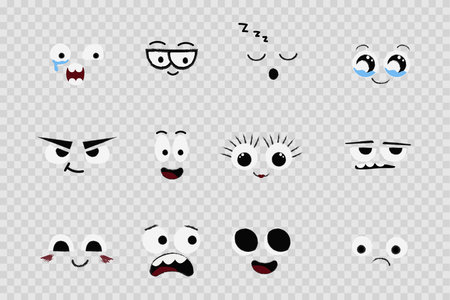 Face emotions, comic expressions, cute crazy eyes collection isolated. Doodle smiley mood comic design elements. Emotional comic face with eyes, mouths, tongue and teeth.のイラスト素材
