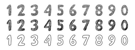 Doodle number, set numeric outline comic figure. 1 to 0 hand drawn numbers. Sketch marker stroke.のイラスト素材