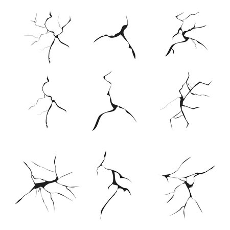 Cracked glass, wall, egg, fissures in ground top view. Set concrete, crevices from disaster, surface from earthquake, Ruined breaked land surface doodle, hand drawnのイラスト素材
