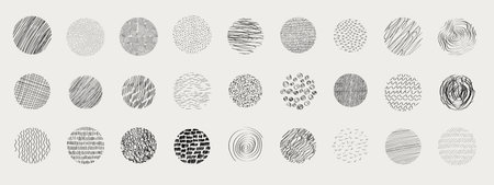 Textures set, collection hand drawn abstract monochrome brush marks. Doodle shapes spots, drops, curves and lines. Contemporary modern trendyのイラスト素材