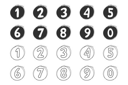 Doodle number, set numeric outline comic figure. 1 to 0 hand drawn numbers. Sketch marker stroke.のイラスト素材