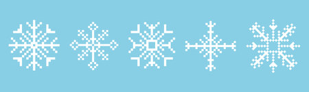 Pixel snowflake winter retro pixilated 8 bit game stamp. Set Holiday flake ornament. Simple crystal ornament.のイラスト素材