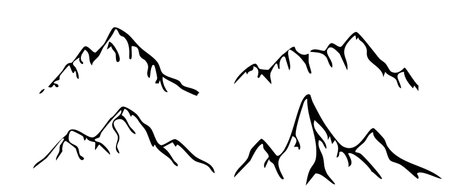Mountain ridge, snowy peak, line wild nature. Hand drawn landscape, map line contour. Rocky mountains landscape design, icon.のイラスト素材