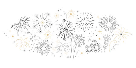 Fireworks, firecracker festive explosion golden bursts, sparks in doodle style border. Holiday celebration decoration. Rocket, star carnival banner, decoration.のイラスト素材