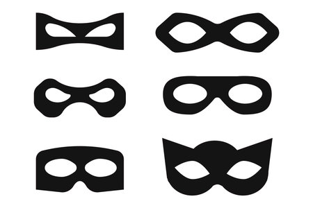 Incognito mask, villain or robber hide face element, black silhouette mystery costume icon. Superhero or carnival bandit burgarのイラスト素材