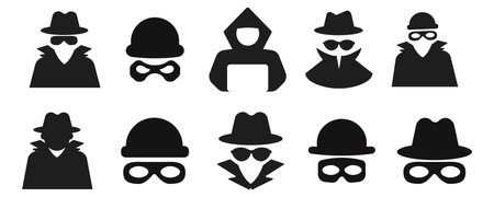 Incognito icon, mystery secret spy or detective silhouette, figure with hat glass or mask. Anonymous invisible character figure.のイラスト素材