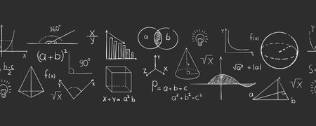 Math doodle hand drawn border, with formula, geometric shapes, chalk texture. School science lesson on blackboard background. Study seamless illustration.のイラスト素材