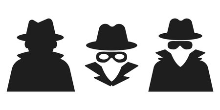 Incognito icon, mystery secret spy or detective silhouette, figure with hat glass or mask. Anonymous invisible character figure.のイラスト素材