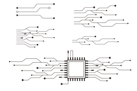 Circuit board line microchip, software. Integrated motherboard, connections. Innovative Electronic Network. Technology background, design elements geometric and connection system.のイラスト素材