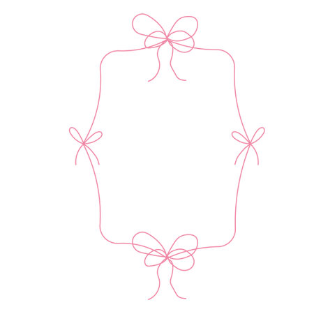 Coquette pink frame ribbon lace bow, pink wavy border y2k retro set. Aesthetic feminine decor. Ruffled ribbon. Doodle hand drawn.のイラスト素材