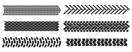 Tyre mark car or bike wheel trace, grunge textured trail silhouette. Top view, print brush stroke dirt. Speed rally dirty rubber path.のイラスト素材