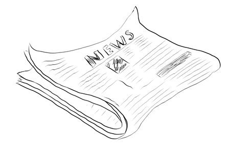 Fresh newspaper hand drawn doodle, latest news, contour drawing, latest publishing. Sketchy news paper stack, local or world news.のイラスト素材