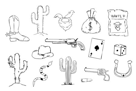 Wild west sketch set with vintage cowboy hat, gan. Desert elements cactus, sand, snake. Line hand drawn lucky horseshoe.のイラスト素材