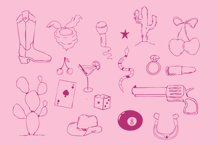 Wild west coquette y2k bachelorette cowgirl party collection, western pink rodeo doodle with retro disco elements. Hat, heart and boots.のイラスト素材