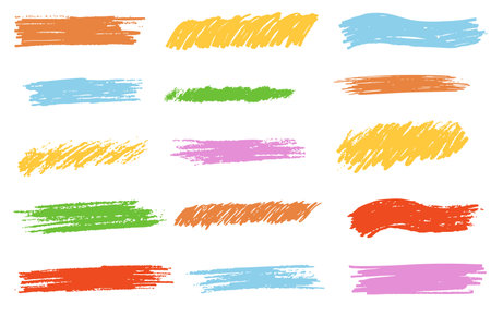 Crayon underline stroke brush mark, grunge textured hand drawn sketch border, divider. Pastel colored scribble highlight charcoal rough.のイラスト素材