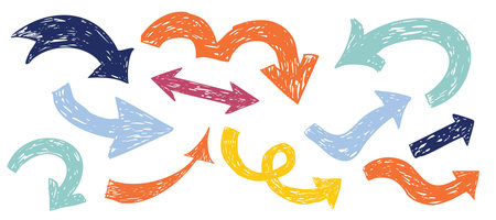 Thick arrow crayon or chalk drawing sketch grunge textured set. Different directions simple curve shape. Pencil, marker, pastel scribbleのイラスト素材