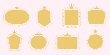 Princess cute pink frame sketch with crown swirl decorations. Simple doodle hand drawn border. Whimsical elegant vintage.のイラスト素材