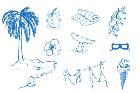 Summer seashore greek sea tourism, rest sketch drawing. Line hand drawn beach party elements....