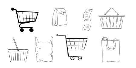 Shopping cart empty trolley doodle, supermarket basket, bag, net shopper simple line. Craft bag, trade icon set, sketch grocery shopping.のイラスト素材