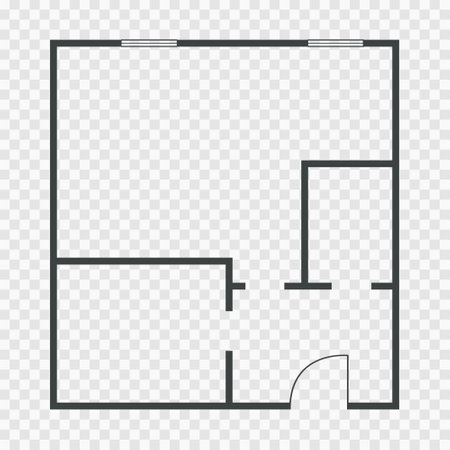 Floorplan simple icon room flat apartment line drawing, floor plan project, symbol. Technical architecture draw. Structure shape, build layout with doors and windows.のイラスト素材