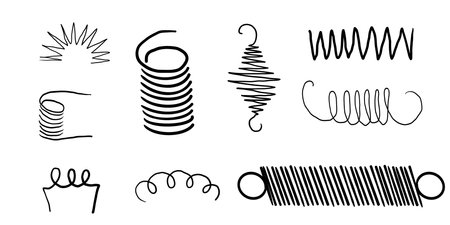 Spiral metal coil wire doodle hand drawn bounce steel curve line spring. Set vape metallic flexible coils. Steel motor spiralのイラスト素材