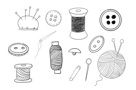 Sewing set with thread, needle buttons doodle hand drawn. Handmade crafts embroidery collection. Vintage tailor kit. Sewing accessoriesのイラスト素材