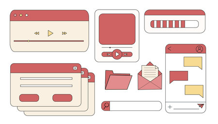 Retro window browser frame y2k interface doodle old border, chat or dialog box, player search box. Desktop ui screen vintage aesthetic.のイラスト素材