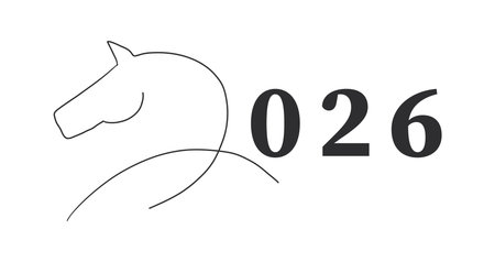 2026 with horse silhouette line art, sketch hand drawn. Gold design icon. Celebration concept. New year decoration minimal design element.のイラスト素材