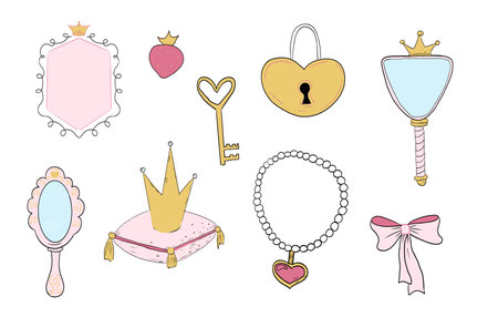 Princess set cute hand drawn sketch. Girl magic fairy mirror, pageant, crown, fairytale fantasy. Royal accessory. Letter and key.のイラスト素材