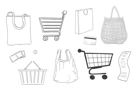 Shopping cart trolley doodle, shopping basket supermarket bag, net shopper simple line. Craft bag, paper bag. Purchase trade sketch, hand drawnのイラスト素材